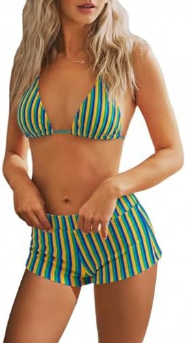 ZAFUL Bikini Sets for Women High Waisted Striped Bathing Suit Backless Halter Triangle Bikini Top... | Amazon (US)