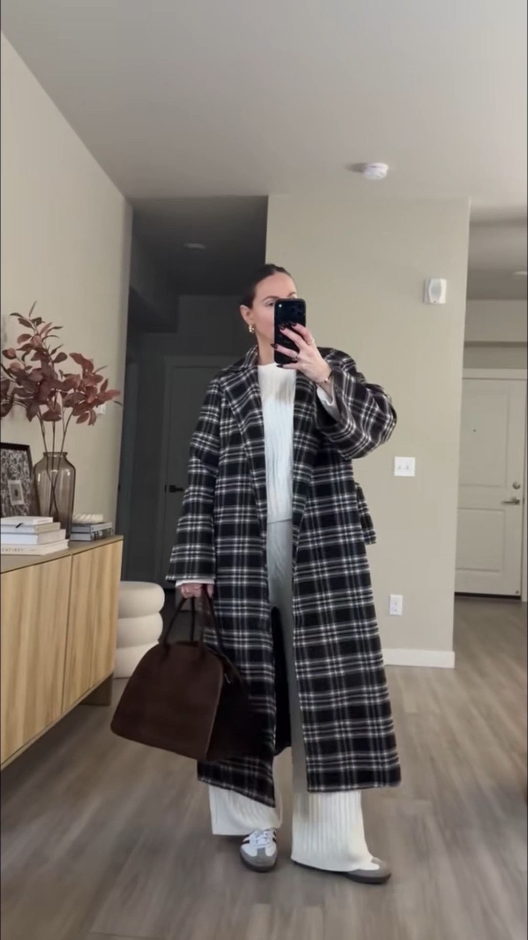 the viral amazon cable knit loungewear set and oversized plaid coat.  suede tote bag in coffee color 