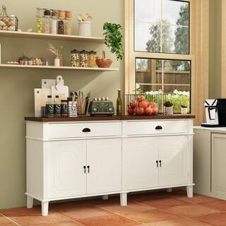 White Wooden Storage Cabinet, Food Pantry, Sideboard with 2 Drawers & 4 Adjustable Shelves, 63 in... | The Home Depot