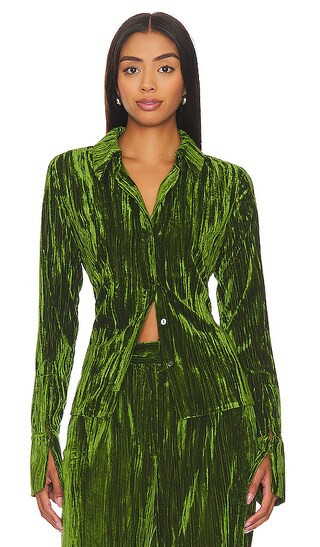 Crinkled Velvet Shirt in Juniper Green Velvet Shirt Green Velvet Pants Outfit Pant Set | Revolve Clothing (Global)