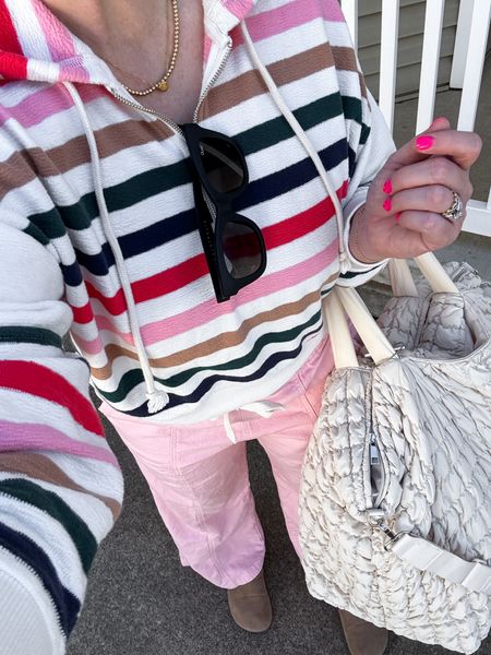 Outfit of the day, ootd, aerie, LTK sale, striped pullover, pink pants, spring outfit, weekender bag 

M in both 

#LTKsalealert #LTKfindsunder50 #LTKSpringSale