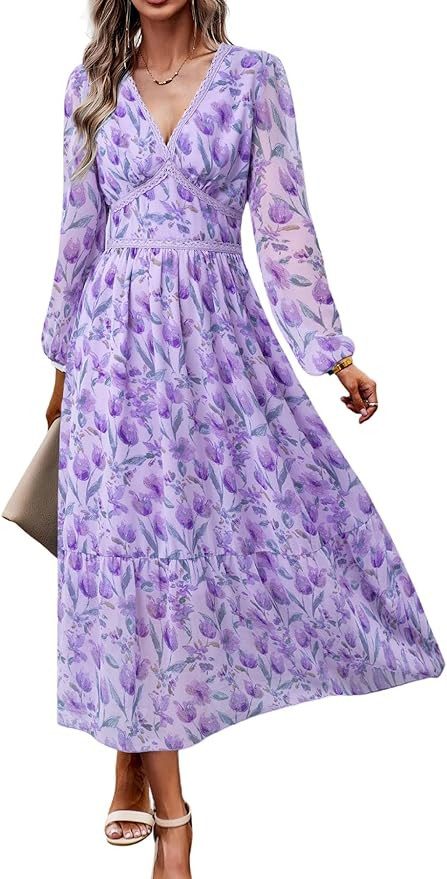 Women's V Neck Long Sleeve Wrap Maxi Dress A Line Empire Waist Fall Wedding Guest Party Casual Ch... | Amazon (US)