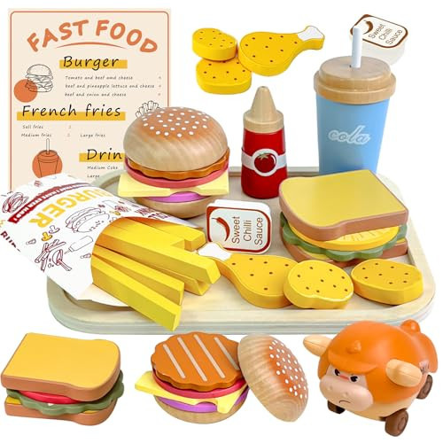 Masonbaby Wooden Play Food Set for Kids, Pretend Fast Food Playset, Wooden Hamburger French Fries Toy, Play Kitchen Accessories for Toddlers with Car Toy, Educational Toys Gift for Boys Girls | Amazon (US)