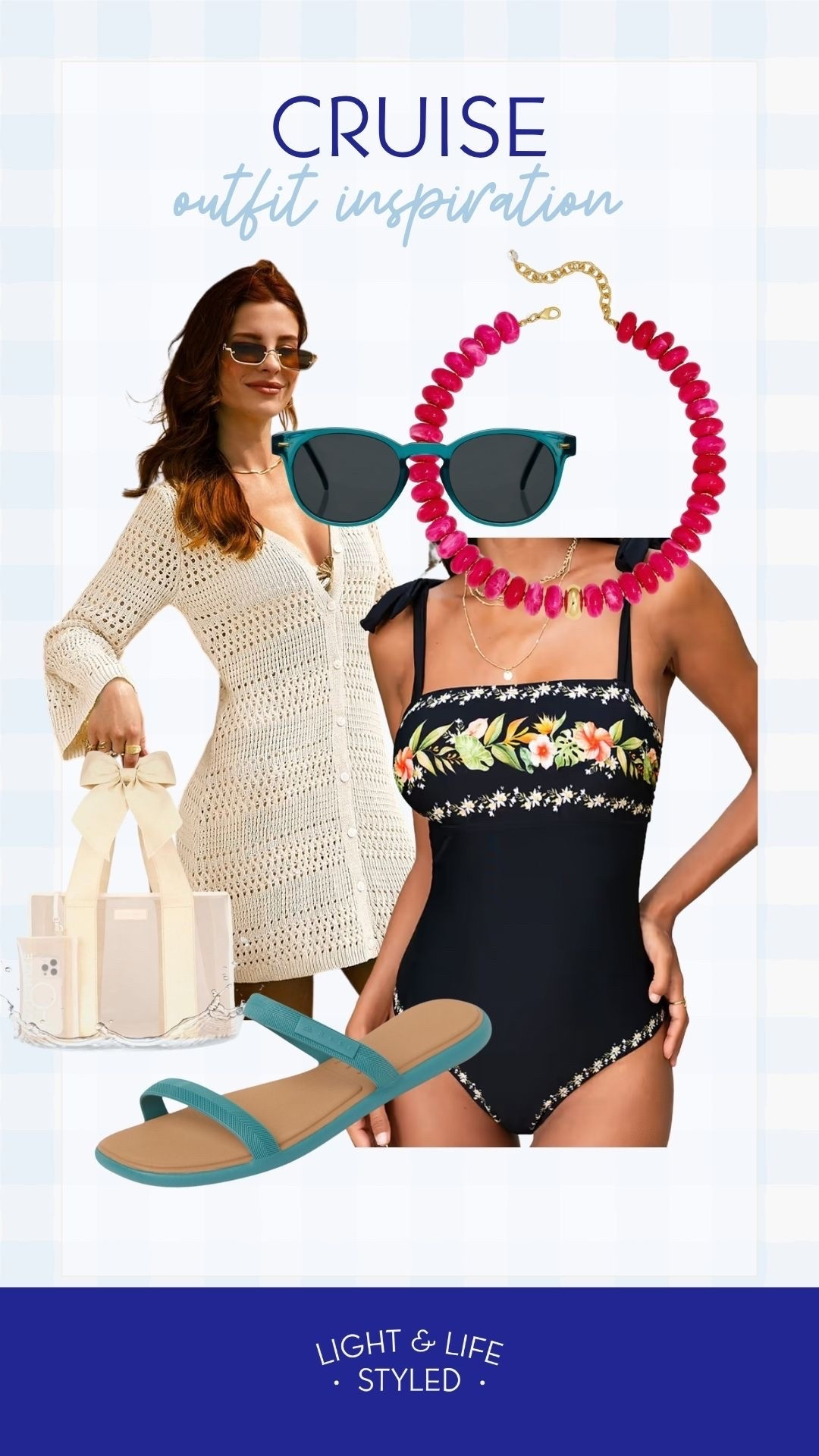This @Cupshe swimsuit and coverup makes the most adorable cruise outfit. I love these bright colored accessories make this look complete. These sandals are actually comfortable for walking around or lounging by the pool, and these sunglasses protect my sensitive eyes so well. 
Beaded necklace, waterproof beach tote

#LTKOver40 #LTKSeasonal #LTKSwim
