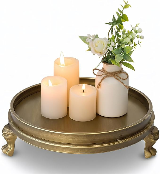 Brass Color Decorative Tray, 11.8-Inch Round Serving Tray with Claw Feet for Coffee Table, Dining... | Amazon (US)