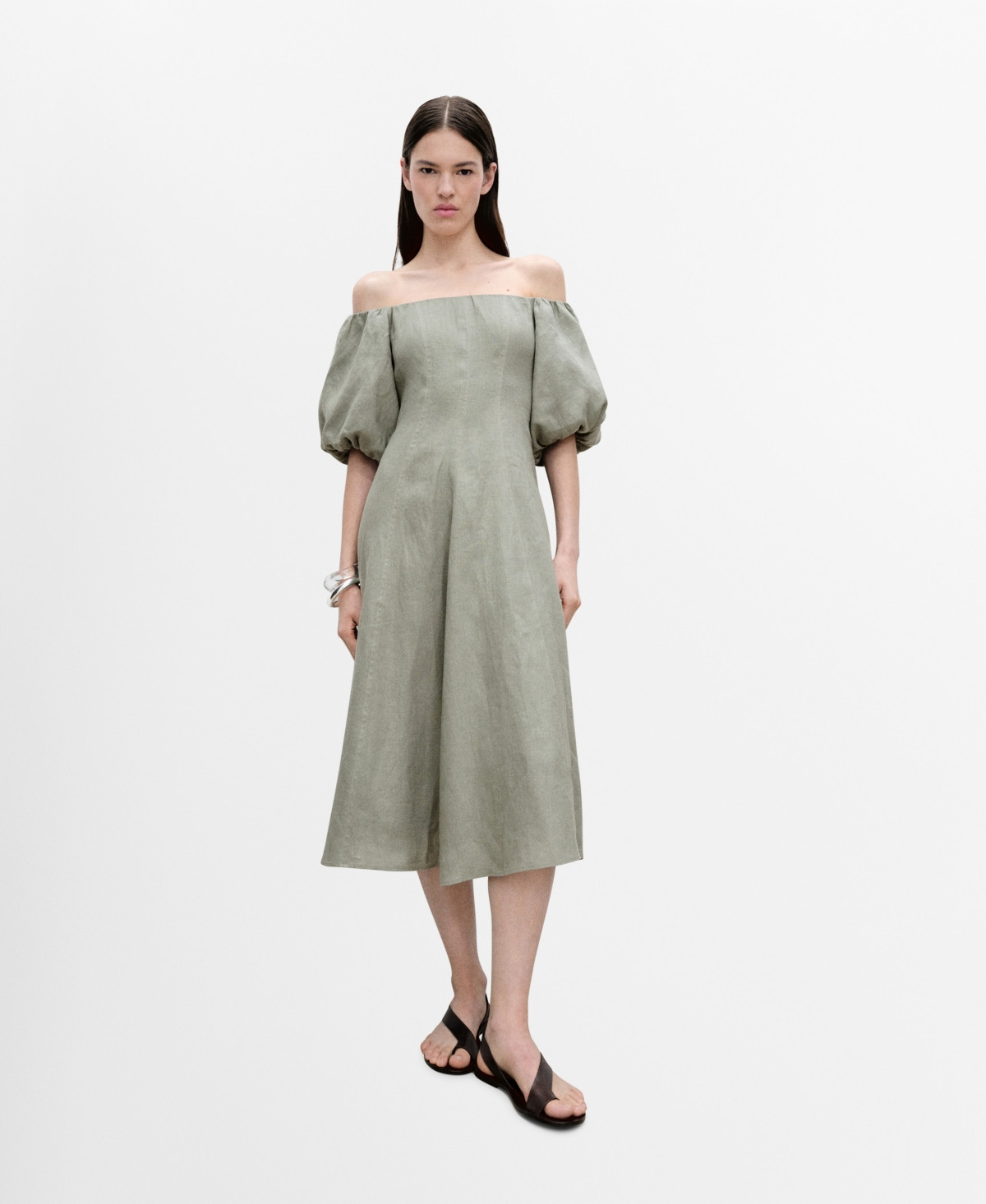 Mango Women's Puffed-Sleeve Linen Dress - Green | Macy's