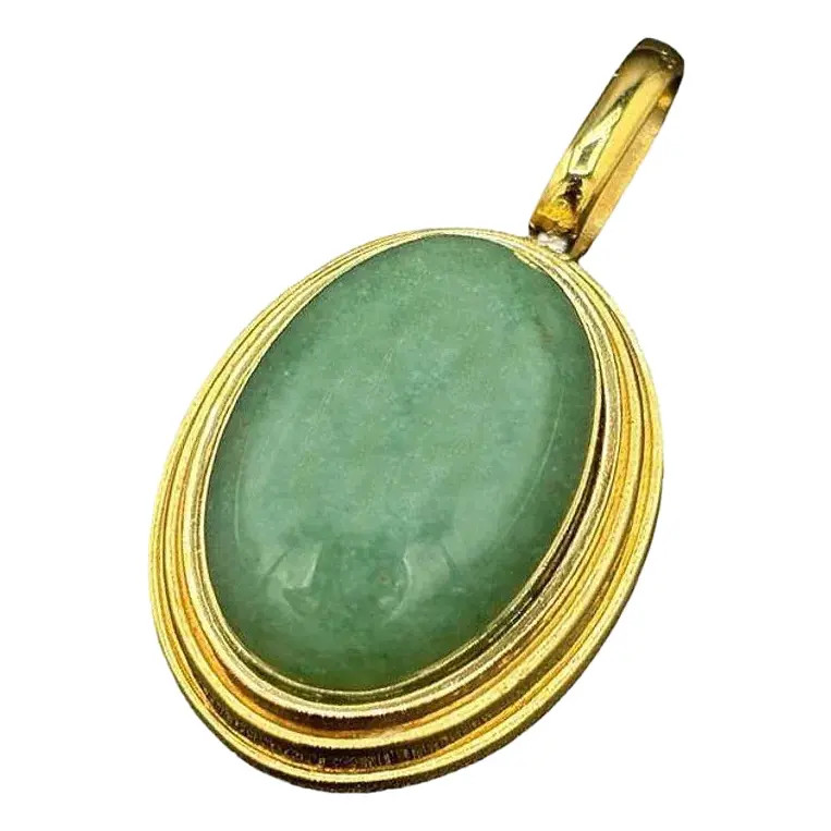 1980s Large 14k Gold Stepped Natural Aventurine Oval Pendant | Chairish