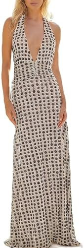 Amiblvowa Women Halter V Neck Maxi Dress Sexy Backless Bodycon Low Cut Long Dress Open Back Cockt... | Amazon (US)