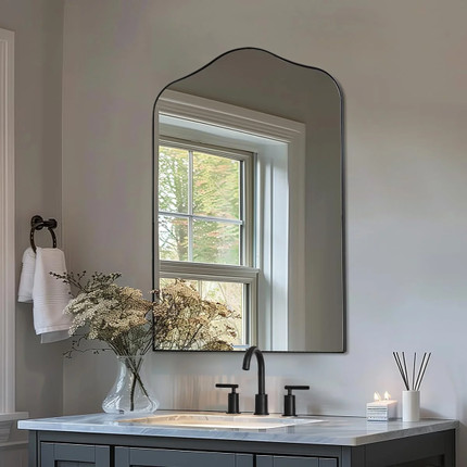 Click for more info about Winston Porter Aremi Contemporary Scalloped Arch Top Bathroom Vanity Mirror | Stainless Steel Fra...