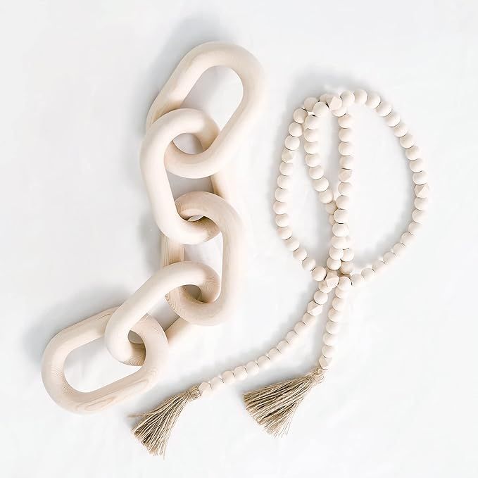GYHJA Wood Chain Link Bead Tassels Set Hand Carved 5-Link Pine Wooden Garland Ornament Boho Decor... | Amazon (US)