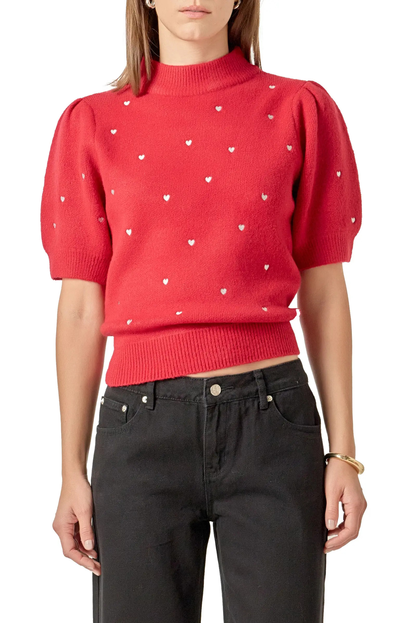 Heart Embroidered Puff Sleeve Sweater | Nordstrom