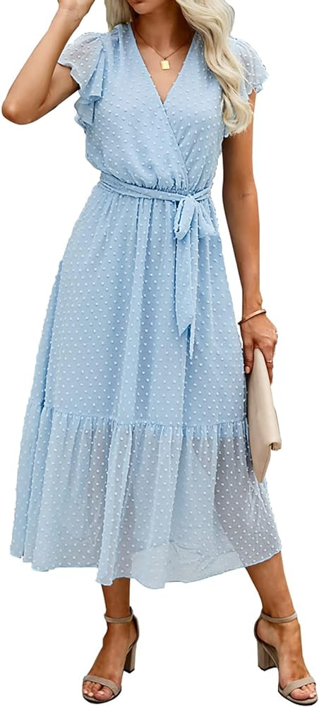 BTFBM Women Summer Bohemian Floral Casual Wrap V Neck Ruffle Cap Sleeveless Belt A-Line Pleated H... | Amazon (US)
