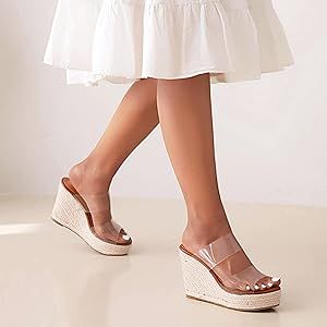 Women Slip On Clear Straps Espadrille Wedge Heel Sandals Slide Peep Toe Mule Platform Sandals | Amazon (US)