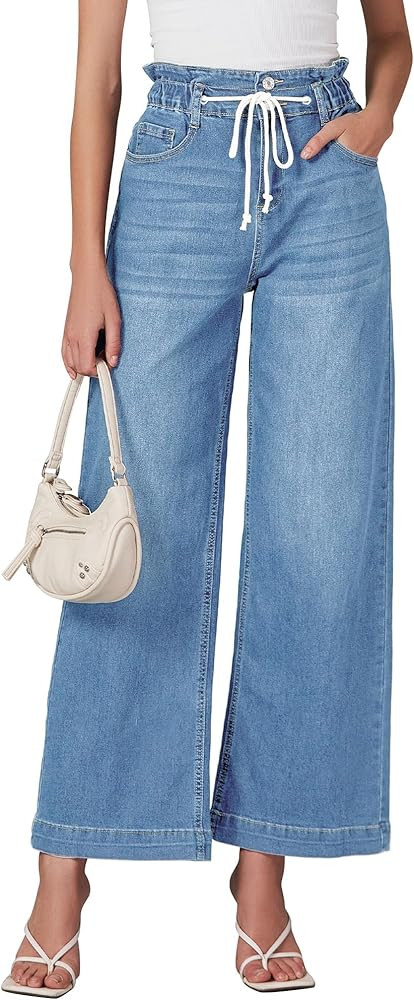 LookbookStore Womens Jeans Wide Leg High Waisted Trendy Elastic Wasit Drawstring Stretch Denim Pa... | Amazon (US)
