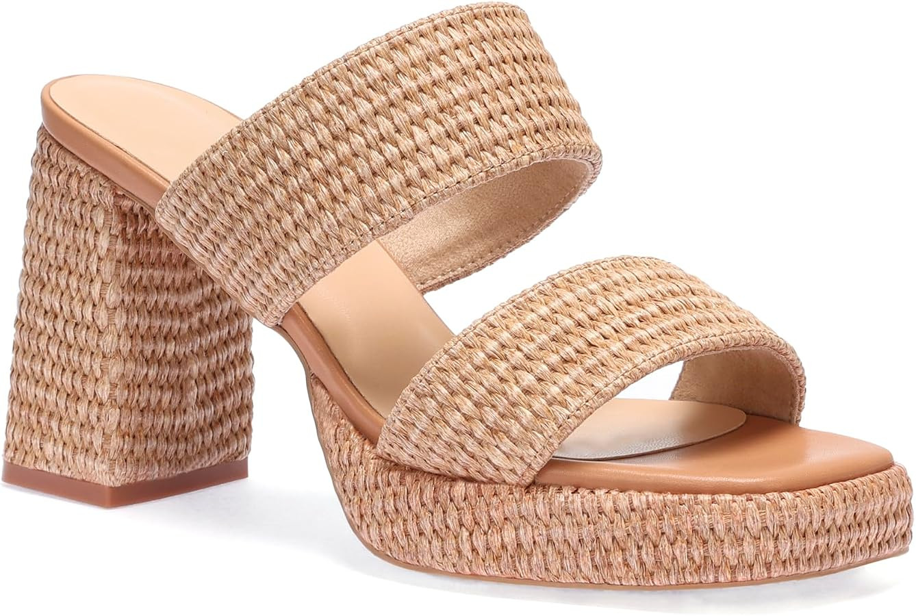Women's Raffia Platform Heels Block Heeled Sandals Summer Beach Woven Chunky Slip On Casual Vacation | Amazon (US)