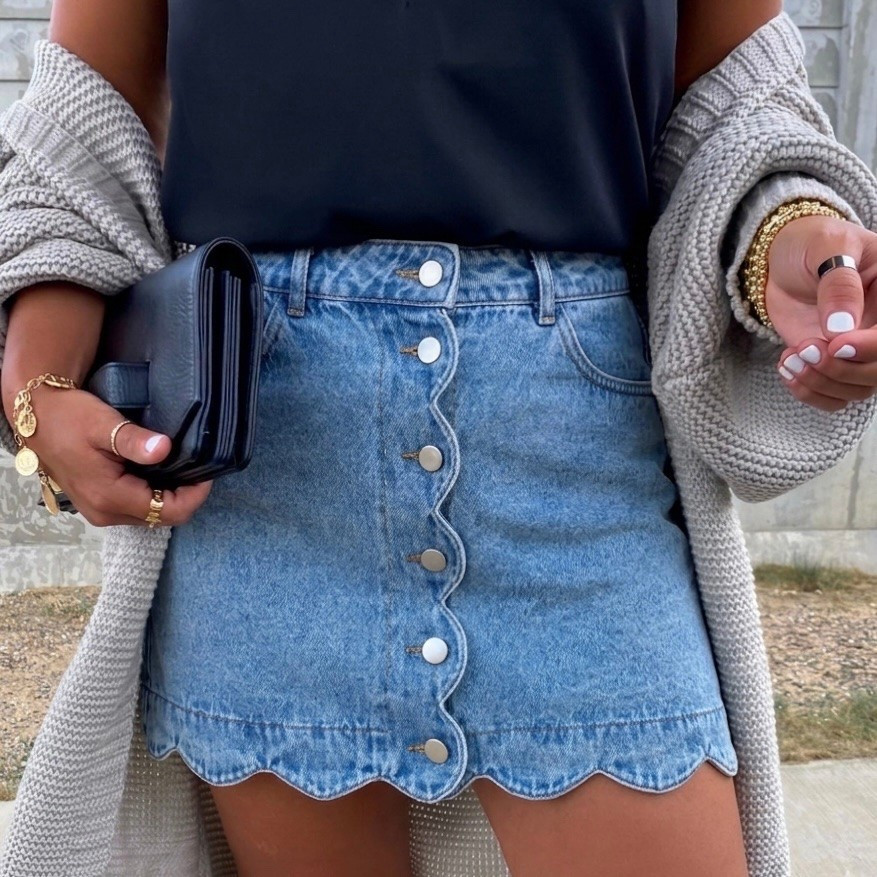 Bend the Rules Medium Wash Cotton Denim Scalloped Mini Skirt