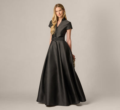 Cap Sleeve Belted Mikado Ballgown In Black | Adrianna Papell