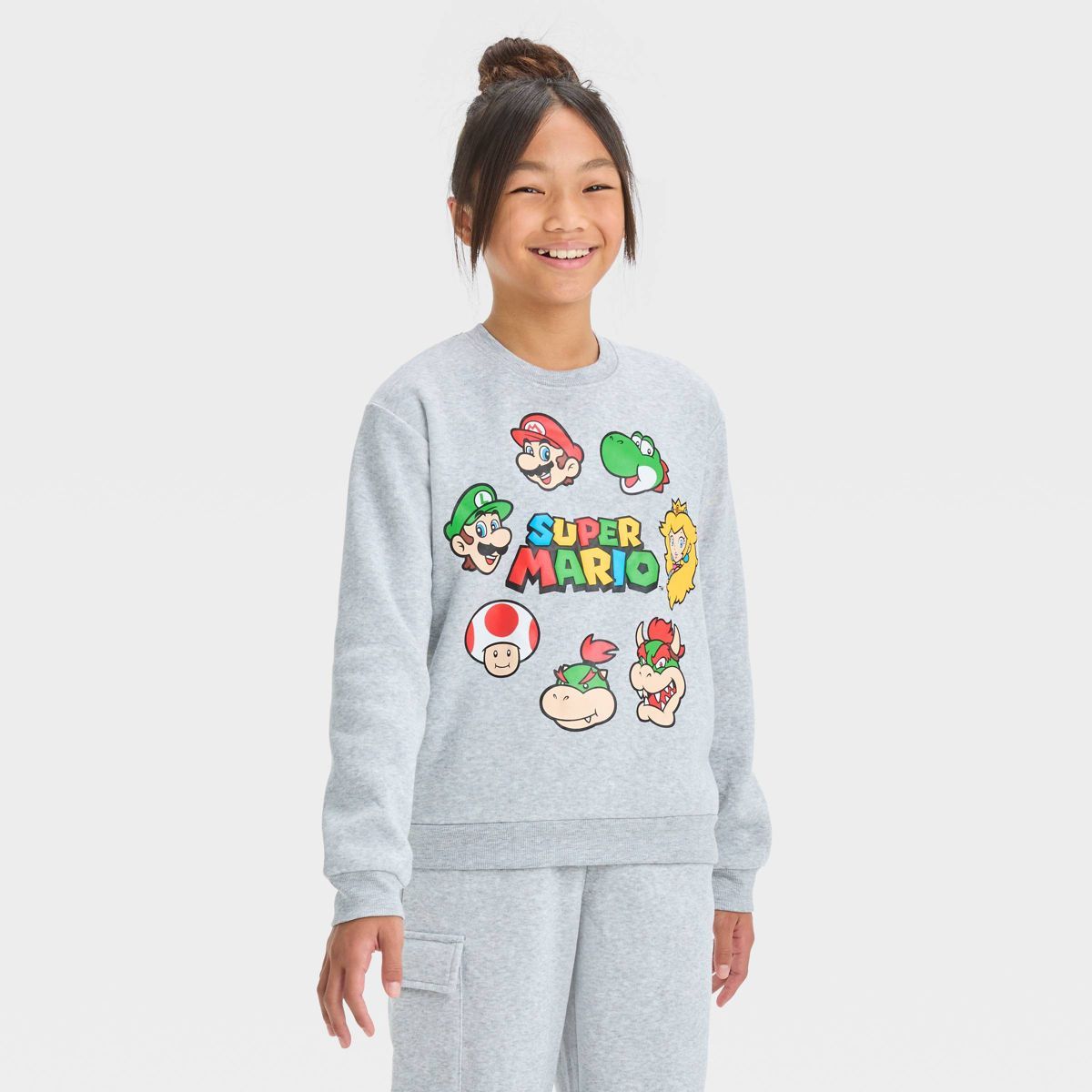 Girls' Super Mario Crew Neck Pullover Sweatshirt - Heather Gray | Target
