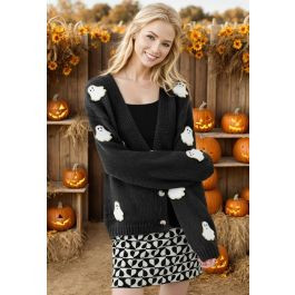 Halloween Ghost Patch Buttoned Knit Cardigan in Black | Chicwish