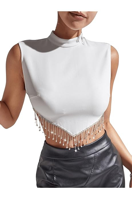 Milumia Women Rhinestone Fringe Zip Back Sleeveless Round Neck Fitted Crop Tank Tops | Amazon (US)