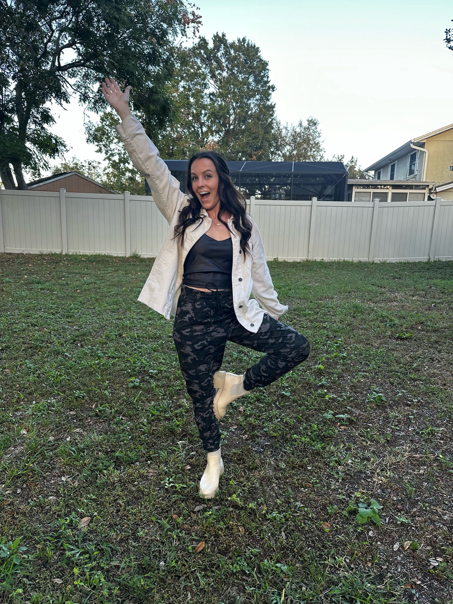 Laid back casual outfit 
Camo jogger pants
Cream corduroy  jacket 
Cream Chelsea boots 
Shinny faux leather black tank top 

#LTKHoliday #LTKStyleTip #LTKShoeCrush