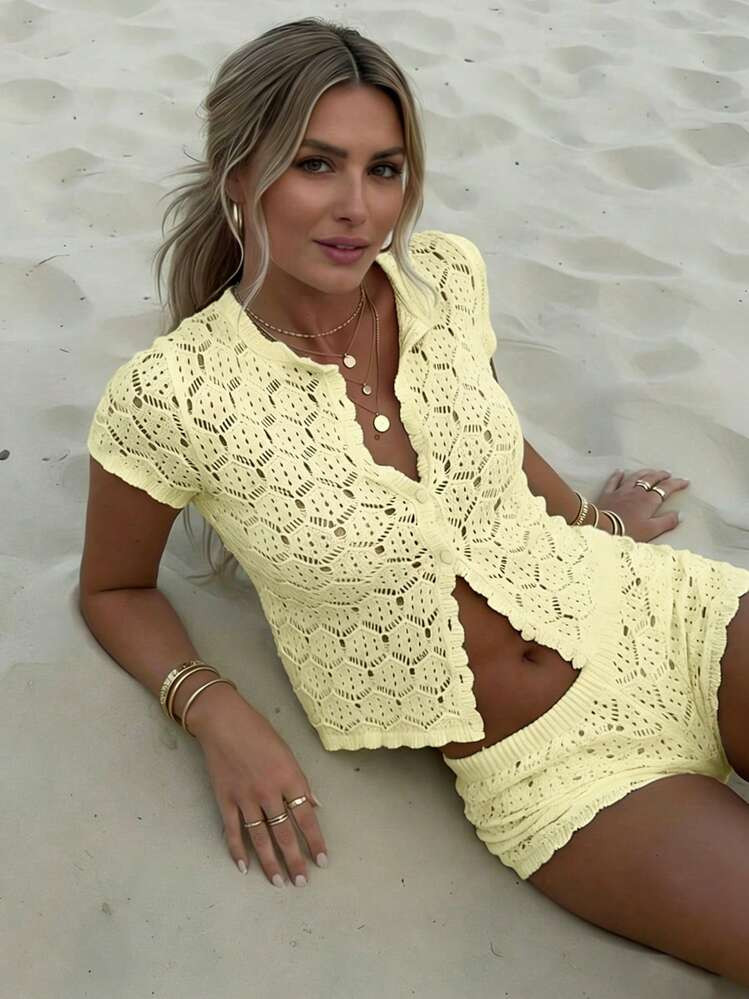 Women's Summer Vacation Set, Crochet Mesh Sexy Hollow Out Beach Short Sleeve Knit Cover Up + Shor... | SHEIN