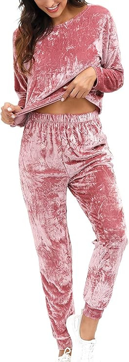 Velvet Lounge Set For Women - Wrinkle Solid Two Piece Loungewear Pajamas Tracksuit Sets | Amazon (US)