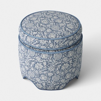 Upholstered Storage Ottoman with Piping Printed Blue Fabric | Target