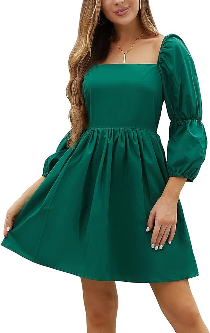 Amazon.com: FASHIONMIA Womens Long Puff Sleeve Summer Dress Green Square Neck A-Line Casual Mini ... | Amazon (US)