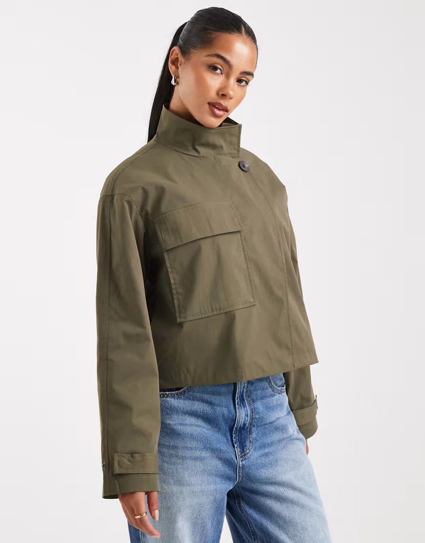 ONLY asymetric short trench in khaki-Green | ASOS (Global)