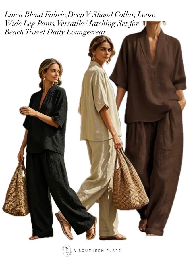Linen Blend Fabric,Deep V Shawl Collar, Loose Wide Leg Pants, Versatile Matching Set,for
Beach Travel Daily Loungewear