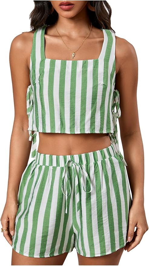 MakeMeChic Women's Summer Two Piece Outfit Striped Bow Square Neck Sleeveless Crop Tops and Short... | Amazon (US)