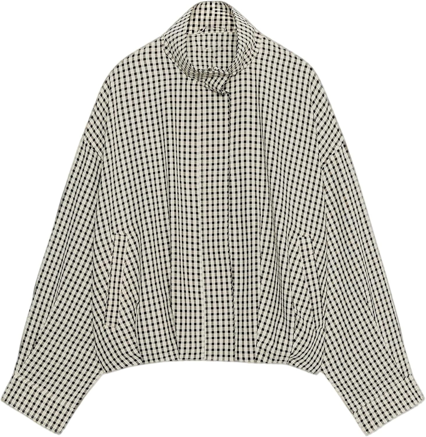 Womens Plaid Jacket Bomber Stand Collar Zip Up Coat with Pockets | Amazon (US)