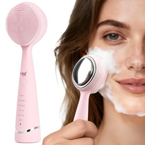 PRITECH Facial Cleansing Brush, Rechargeable Silicone Face Scrubber with Constant-Temperature Heating, Vibrating Exfoliator Scrubber for Deep Pore Cleaning, Waterproof Face Brush for Women & Men -Pink | Amazon (US)