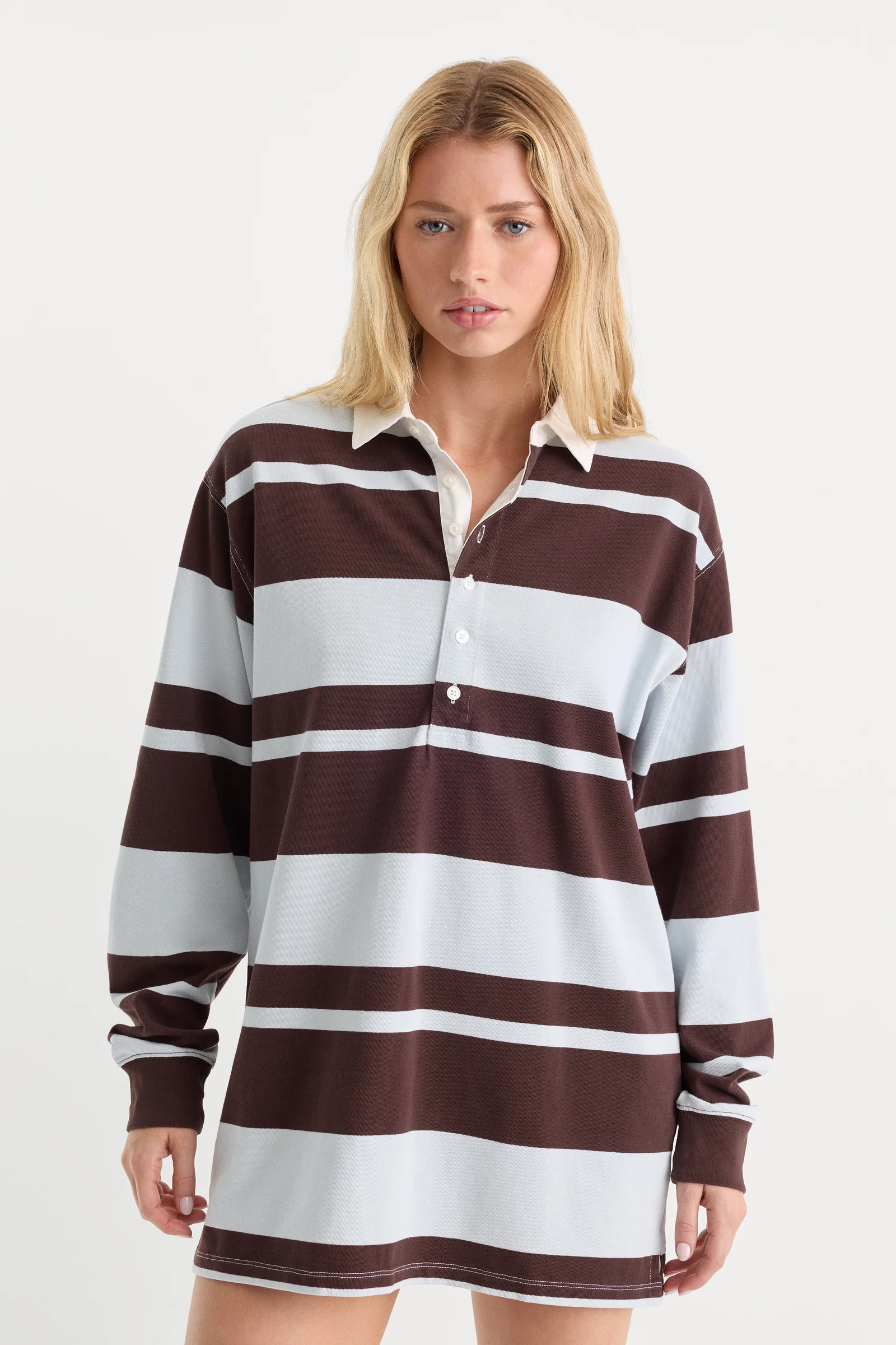 THE KNIT RUGBY MINI DRESS | NAVY BERRY CLUB STRIPE | Good American