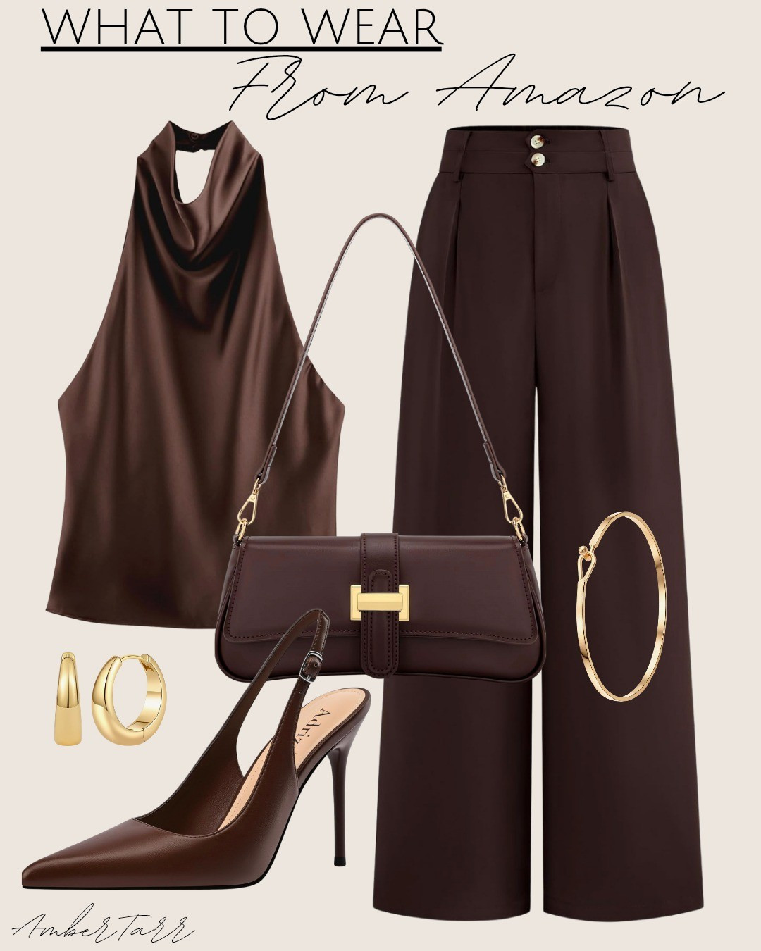 This cowl neck halter top paired with wide leg trousers, a shoulder bag, slingback heels, gold hoop earrings, and a gold bangle bracelet is such an elegant and sophisticated outfit that feels effortlessly polished and put together.

#LTKgrwm #LTKootd #LTKOver40