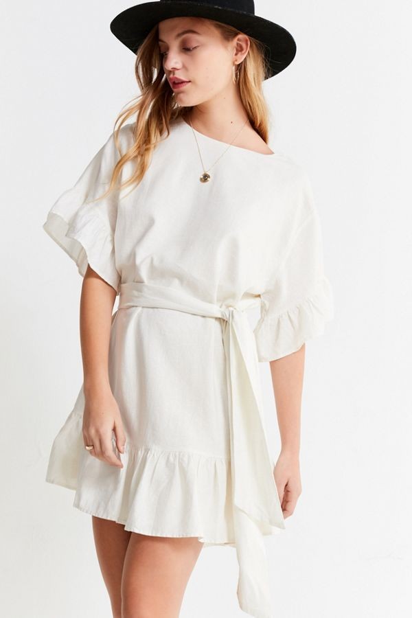 UO Suddenly Spring Linen Ruffle Tie Dress | Urban Outfitters (US and RoW)