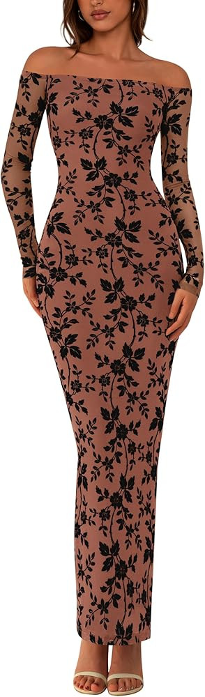 PRETTYGARDEN Womens Off The Shoulder Floral Maxi Bodycon Dress Fall Long Sleeve Mesh Fitted Long ... | Amazon (US)