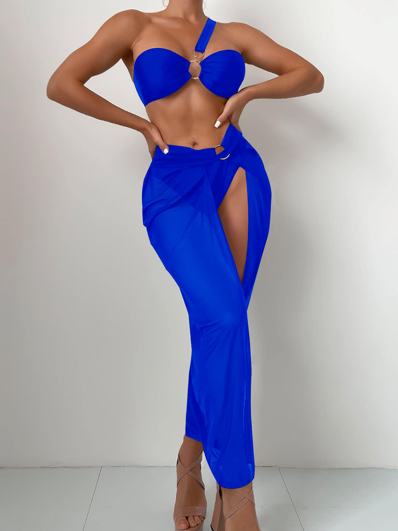 SHEIN Swim Summer Beach Ring Linked One Shoulder Bikini Set With Beach Skirt | SHEIN