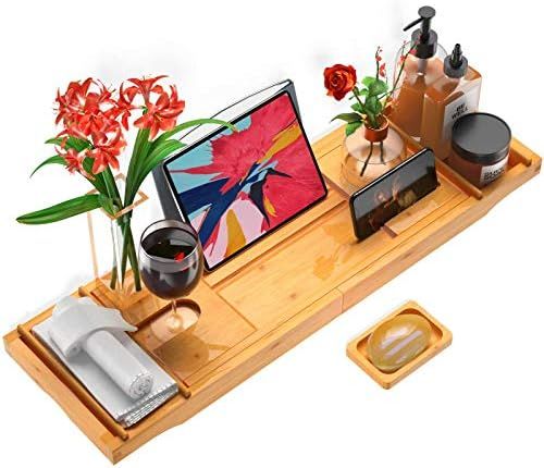 Bamboo Expandable Tub Tray Wood Adjustable Tray for Bathtub Caddy with Book iPad Tray, Phone Hold... | Amazon (US)