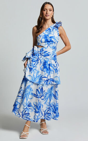Honolulu Midi Dress - One Shoulder Tiered Dress in Blue and White Print | Showpo (US, UK & Europe)