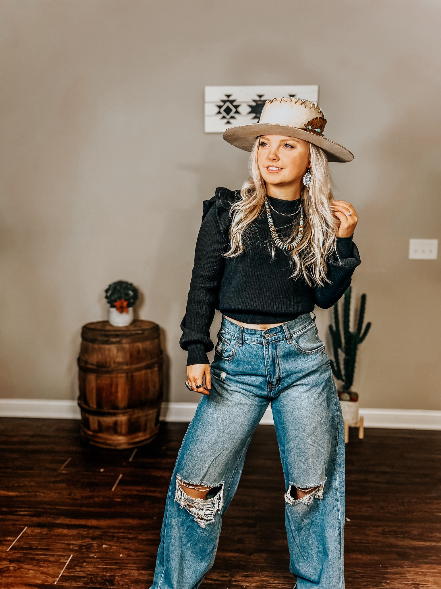 Black long sleeve, ruffle top, jeans, stockyards outfit, western fashion, rodeo fashion, cowgirl style, cowgirl style, travel outfit, work outfit, corporate outfit, spring fashion, fedora hat, burned outfit, distressed hat, cowboy hat 

#LTKstyletip #LTKworkwear #LTKU