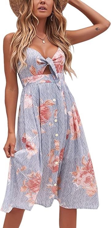 ECOWISH Women Dresses Summer Tie Front V-Neck Spaghetti Strap Button Down A-Line Backless Swing M... | Amazon (US)