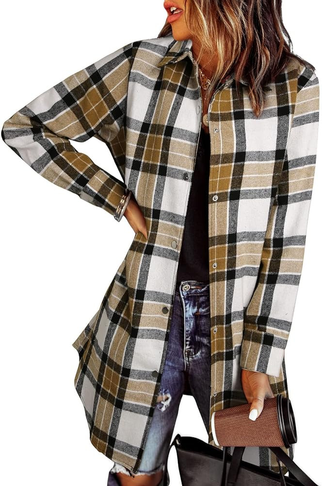 EVALESS Color Block Plaid Shacket Jacket Womens Fall Clothes Fashion Outfits | Amazon (US)