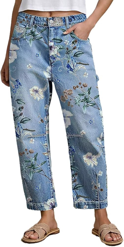 Flamingals Mid Rise Barrel Leg Jeans for Women Wash Floral Print Flap Casual Denim Jeans with Poc... | Amazon (US)