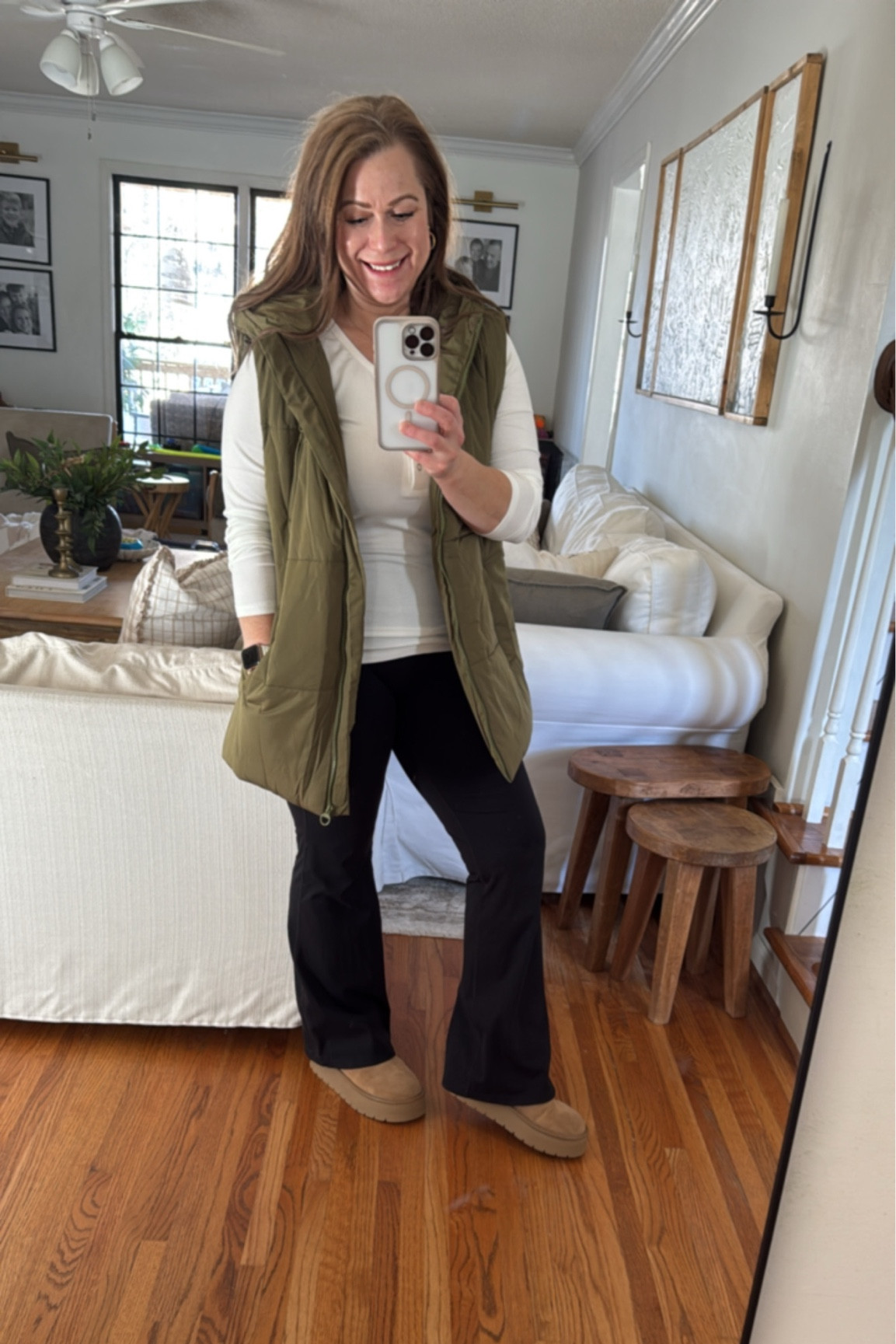 Todays comfy OOTD

The temps are freezing here today- this hooded puffer vest is a great length and so warm! Comes in several colors (I am in a small)

The flare leggings come in three inseams - I am in the medium, 29” inseam

Platform suede boots - TTS

Henley top - I am in small 

#LTKShoeCrush #LTKFindsUnder50 #LTKMidsize