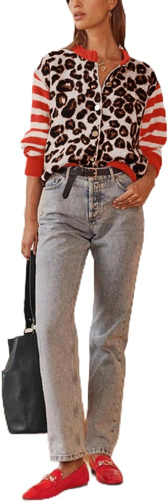 Women Leopard Cardigan Striped Knit Long Sleeve Open Front Button Down Sweater Outer Wear Casual ... | Amazon (US)