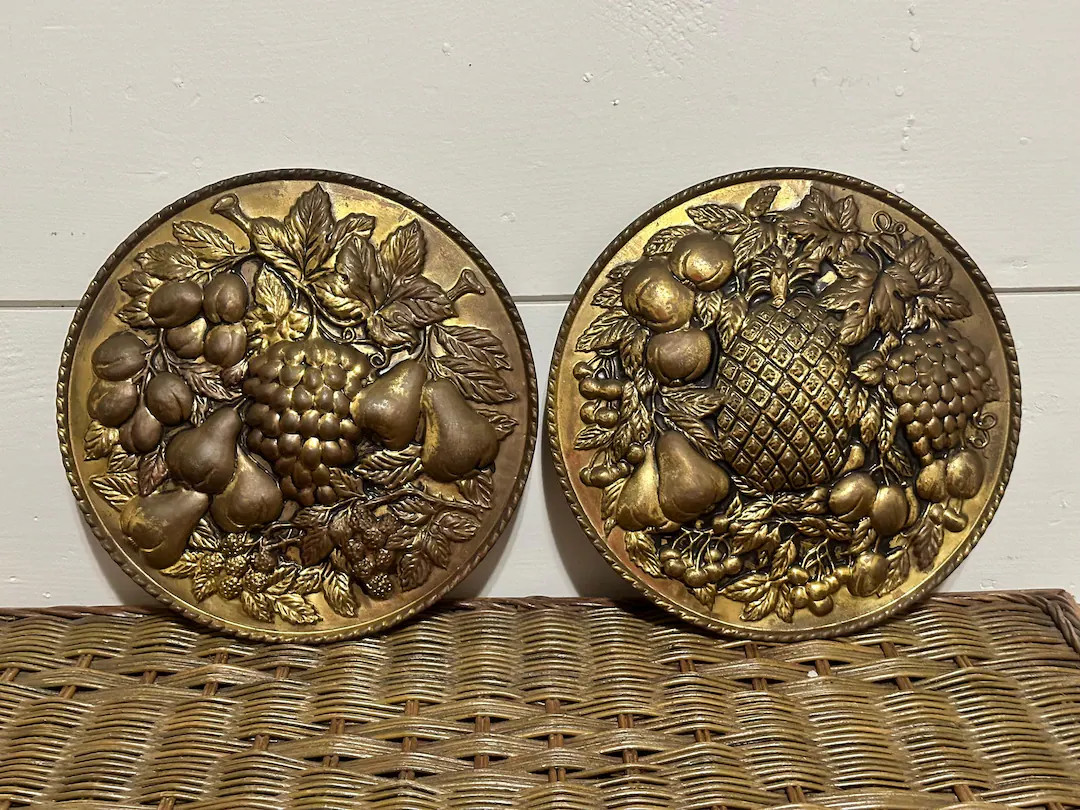 Vintage Pair of Brass Metal Embossed Round Grapes Fruit Pineapple Leaves Wall Hanging Decor Plaqu... | Etsy (US)