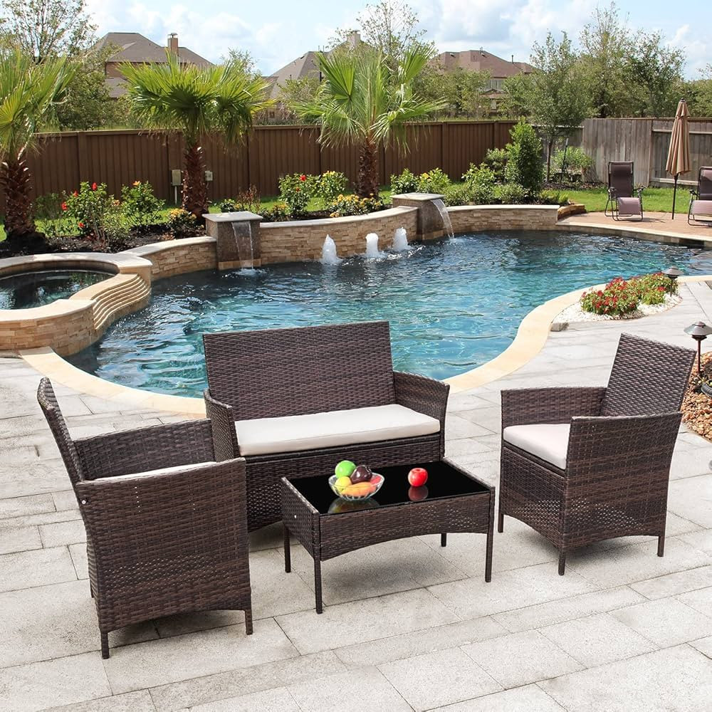 Flamaker Outdoor Furniture Patio Set Cushioned PE Wicker Rattan Chairs with Coffee Table 4 PCS fo... | Amazon (US)