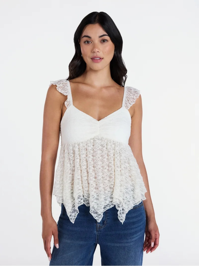 Madden NYC Floral Lace Babydoll Top with Flutter Sleeves, Sizes XXS-XXL | Walmart (US)